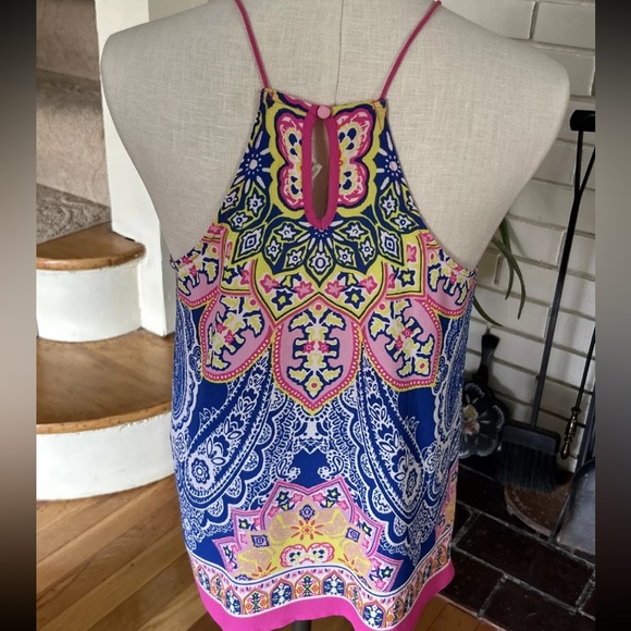 Sweet Wanderer Top Womens Small Blue Pink Yellow Scarf Print Strappy Racerback - Picture 2 of 2